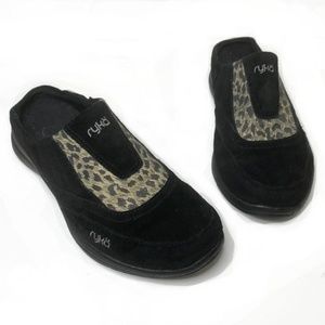 RYKA Black Suede and Leopard Slides